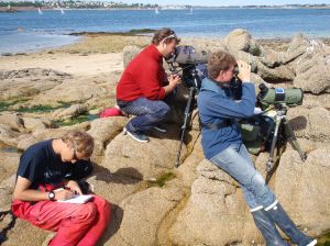 Tom Florent et Antoine Hauselmann, écovolontaires en 2008, et Yann Jacob, garde de la réserve des  îlots de la baie de Morlaix. Photo de Marie Capoulade